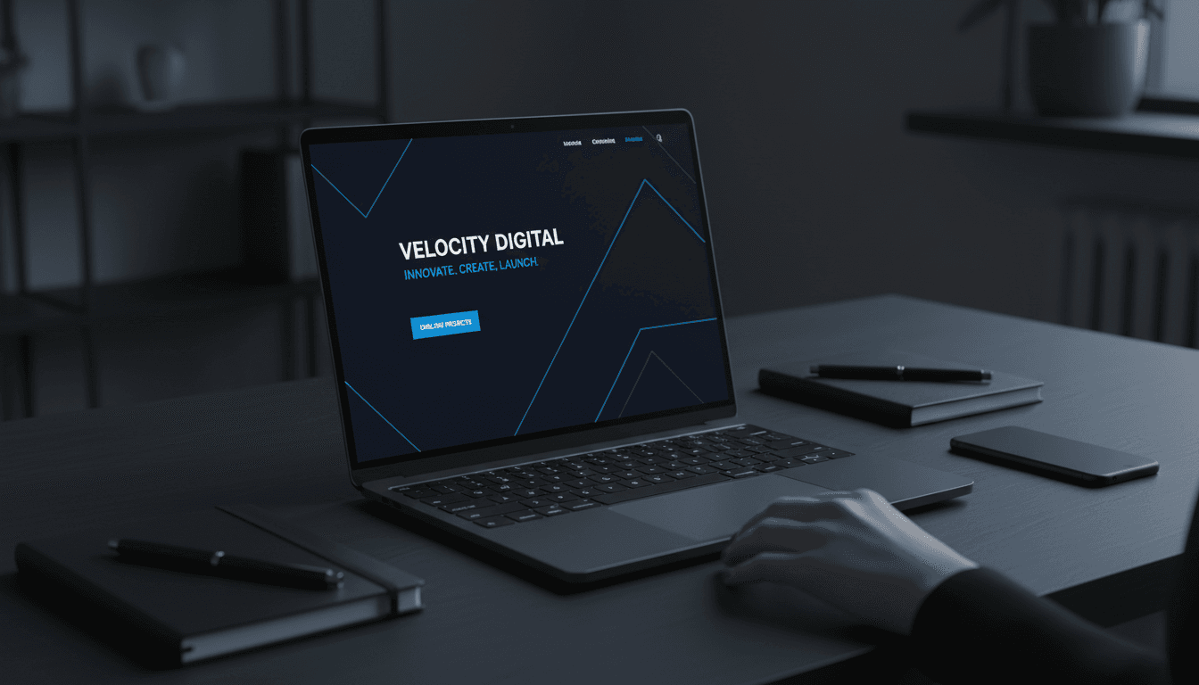 Professional website design displayed on laptop screen with modern dark interface