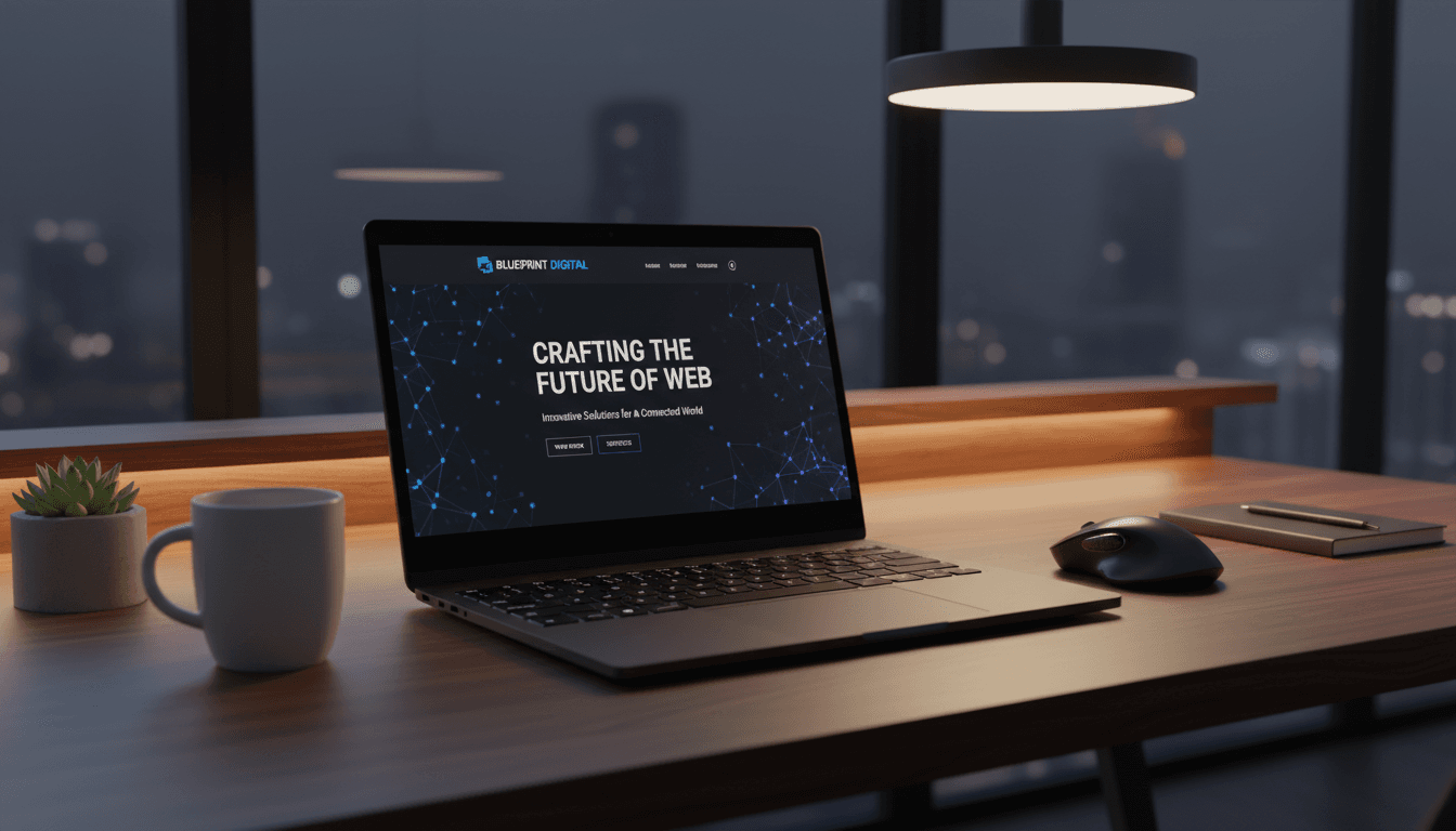 Modern website design on laptop screen with dark interface in a sleek workspace