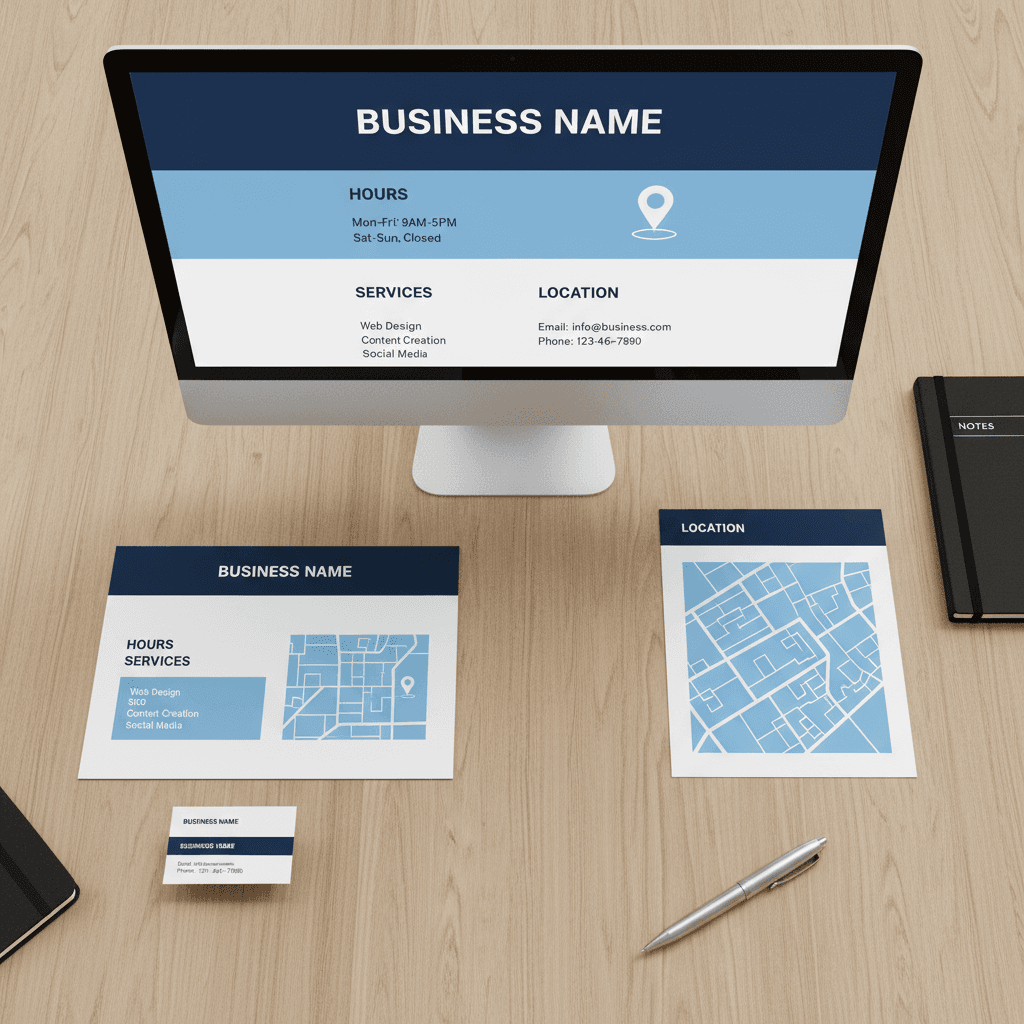 Business information pages showing hours, services, and contact details