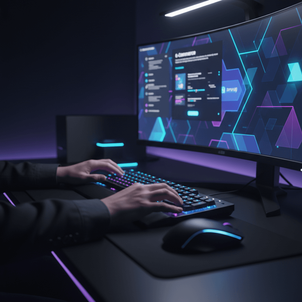 Designer working on website at modern workstation with dual monitors